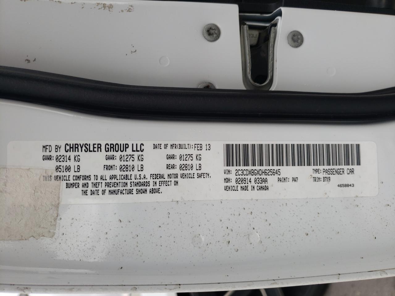 Photo 10 from auction – 2013 DODGE CHARGER SE with VIN 2C3CDXBGXDH625645