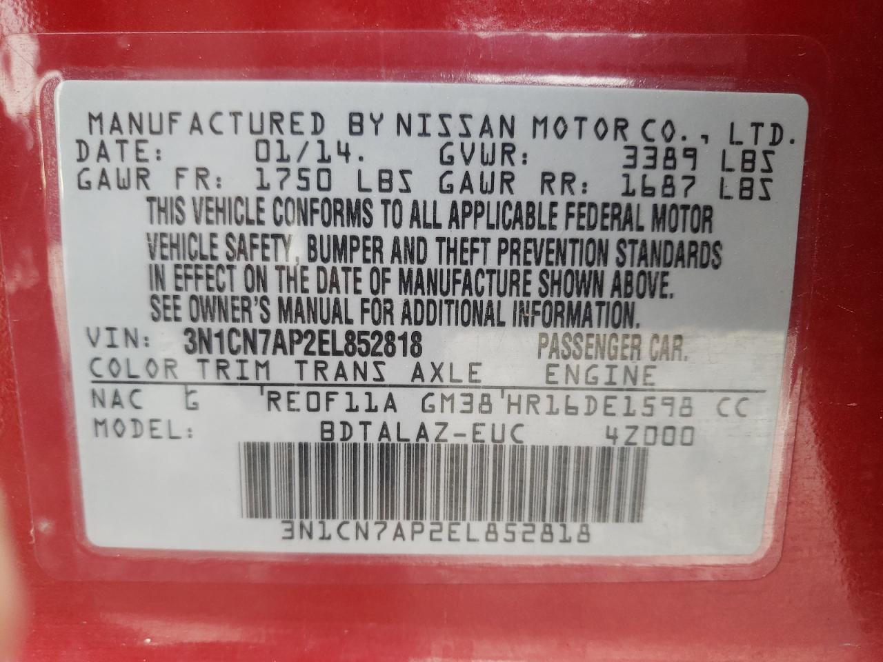 Foto 10 de la subasta – 2014 NISSAN VERSA con VIN 3N1CN7AP2EL852818
