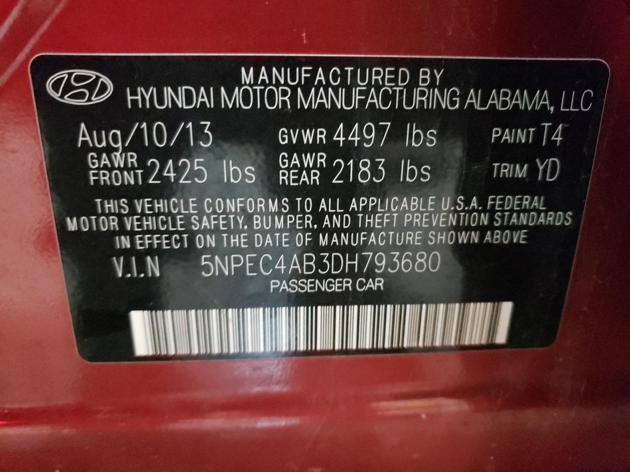 Photo 10 from auction – 2013 HYUNDAI SONATA SE with VIN 5NPEC4AB3DH793680