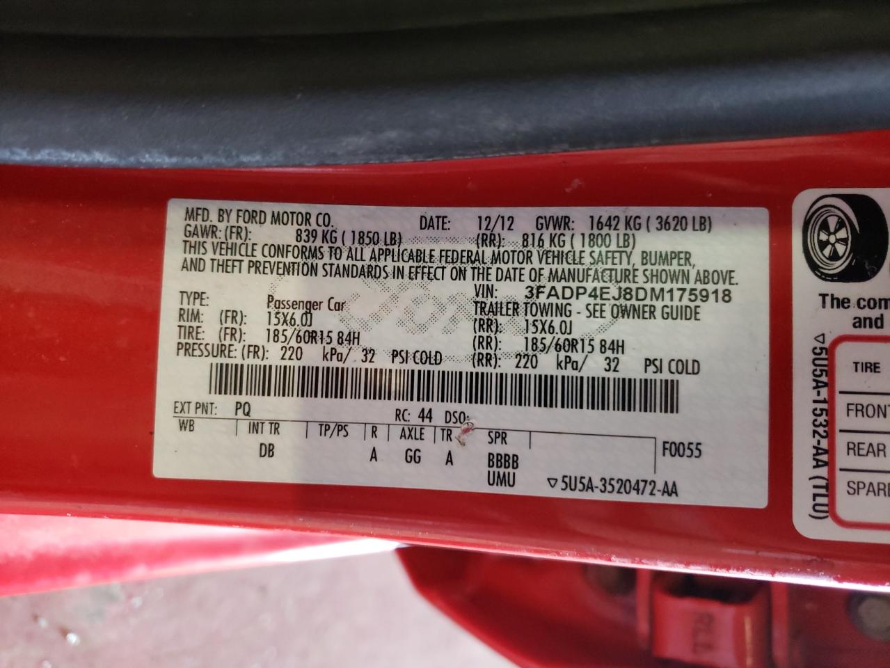 Photo 10 from auction – 2013 FORD FIESTA SE with VIN 3FADP4EJ8DM175918