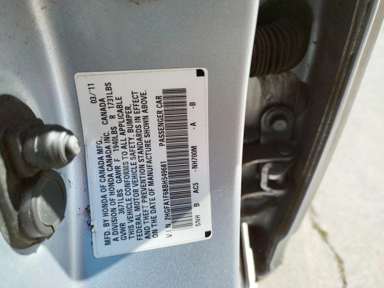 Photo 10 from auction – 2011 HONDA CIVIC LX-S with VIN 2HGFA1F68BH549681