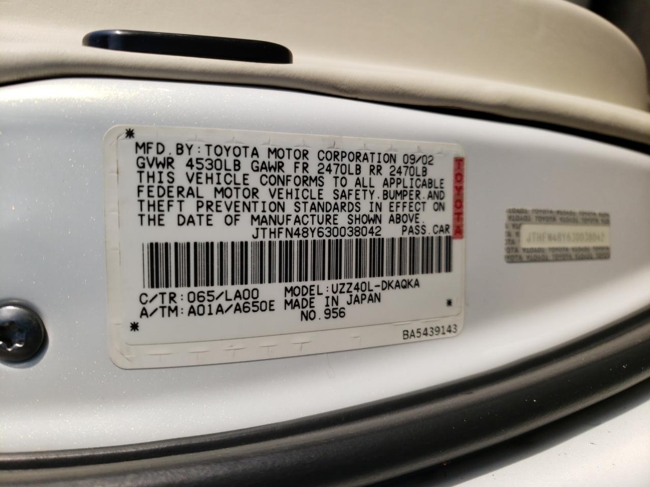 Photo 10 from auction – 2003 LEXUS SC 430 with VIN JTHFN48Y630038042