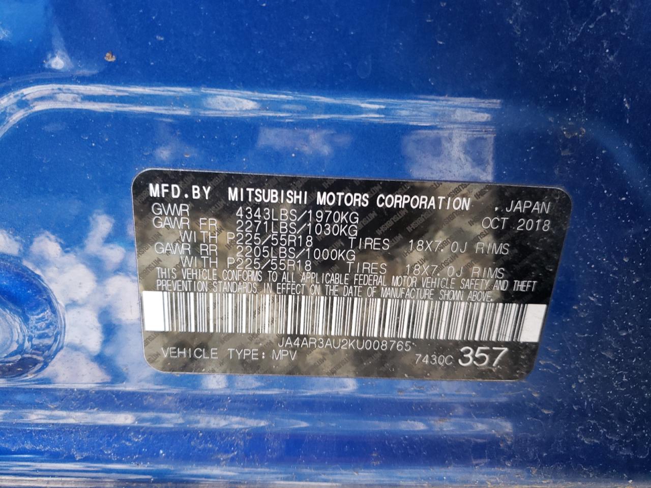 Photo 10 from auction – 2019 MITSUBISHI OUTLANDER with VIN JA4AR3AU2KU008765