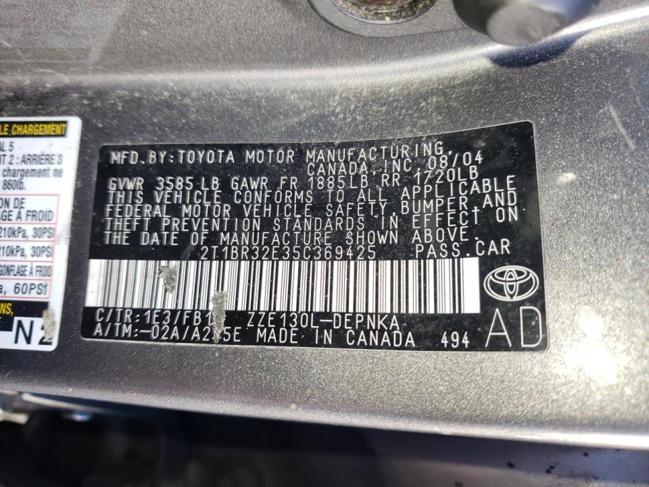 Foto 10 de la subasta – 2005 TOYOTA COROLLA CE con VIN 2T1BR32E35C369425