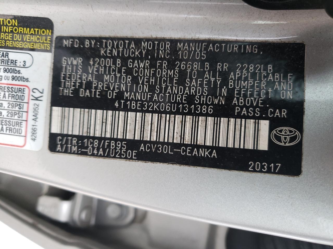 Photo 10 from auction – 2006 TOYOTA CAMRY LE with VIN 4T1BE32K06U131386