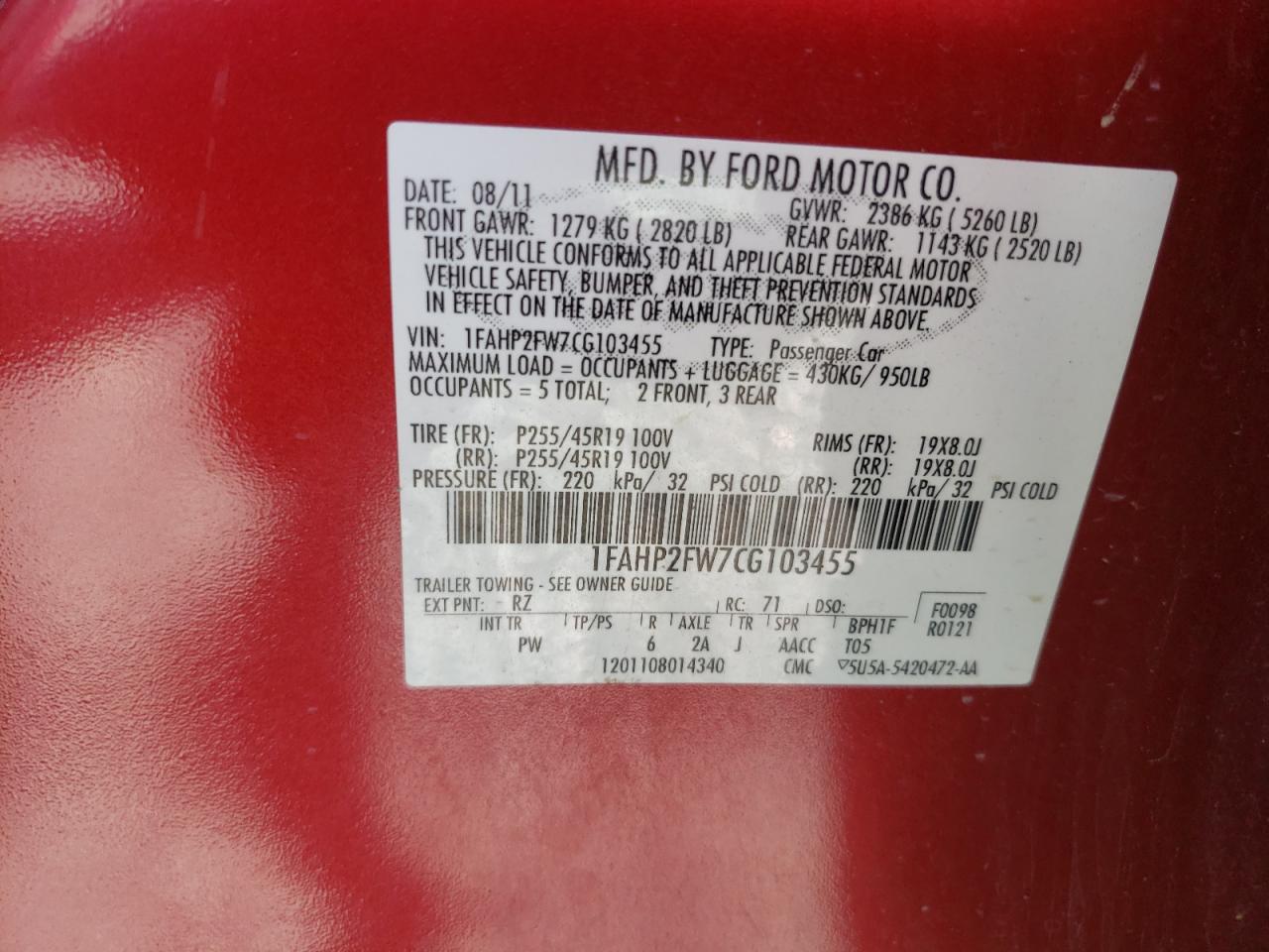 Photo 10 from auction – 2012 FORD TAURUS LIM with VIN 1FAHP2FW7CG103455