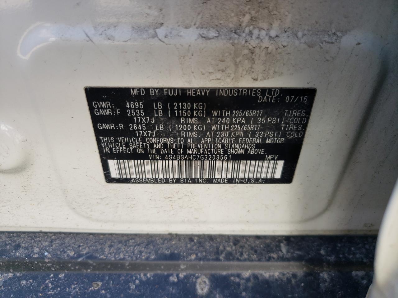 Photo 10 from auction – 2016 SUBARU OUTBACK with VIN 4S4BSAHC7G3203561