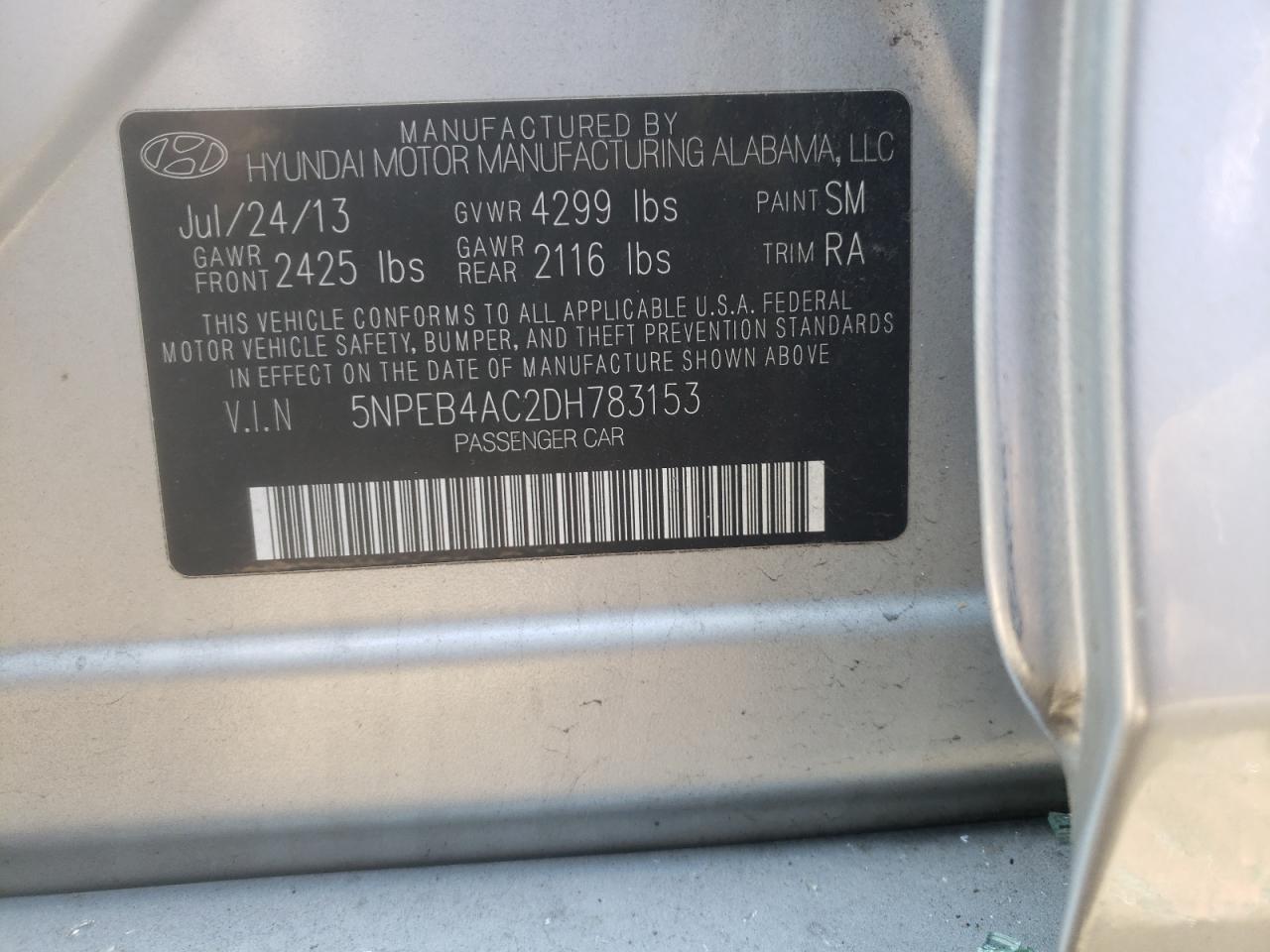 Photo 10 from auction – 2013 HYUNDAI SONATA with VIN 5NPEB4AC2DH783153
