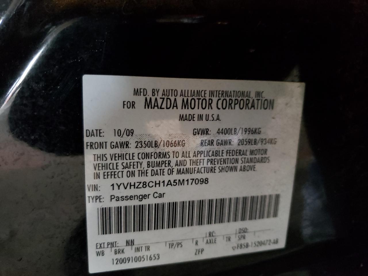 Photo 10 from auction – 2010 MAZDA 6 I with VIN 1YVHZ8CH1A5M17098