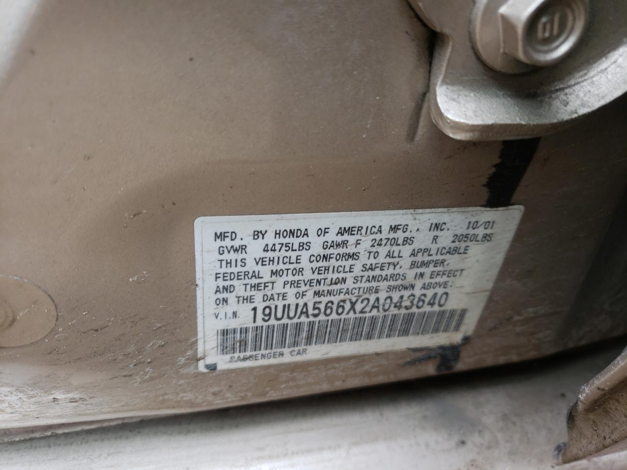 Photo 10 from auction – 2002 ACURA 3.2TL with VIN 19UUA566X2A043640