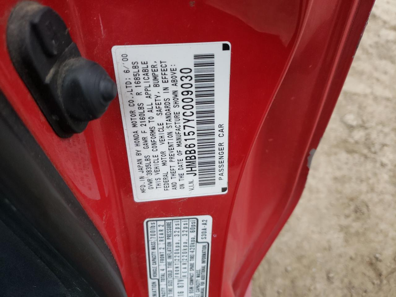 Photo 10 from auction – 2000 HONDA PRELUDE SH with VIN JHMBB6157YC009030