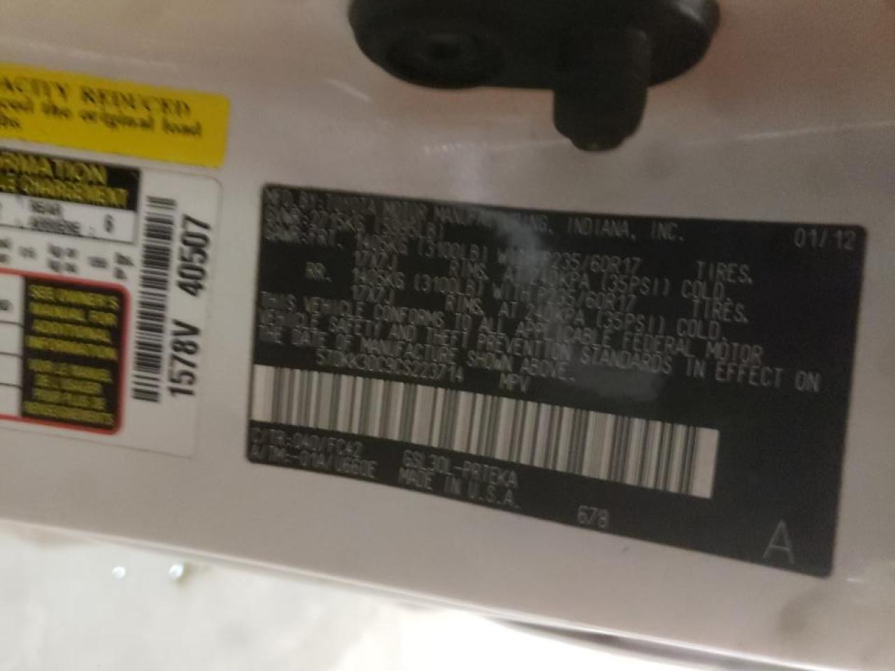Photo 10 from auction – 2012 TOYOTA SIENNA LE with VIN 5TDKK3DC9CS223714