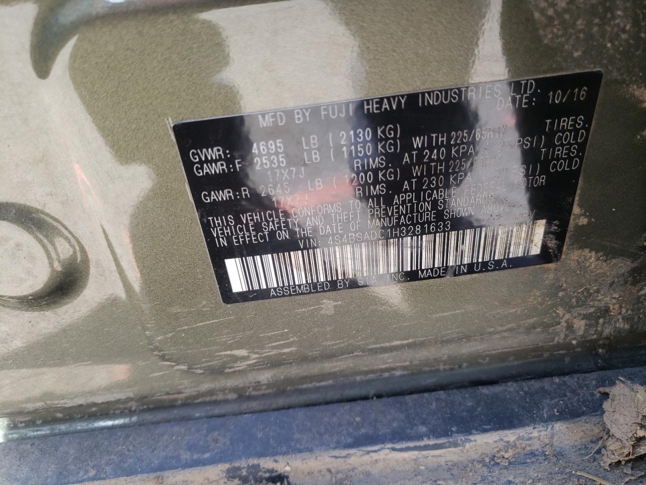 Photo 10 from auction – 2017 SUBARU OUTBACK 2. with VIN 4S4BSADC1H3281633
