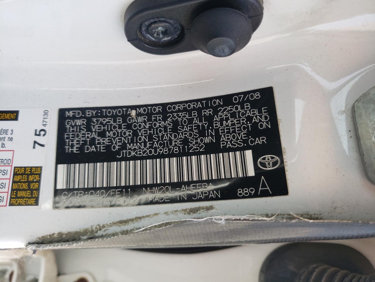 Photo 10 from auction – 2008 TOYOTA PRIUS with VIN JTDKB20U987811252