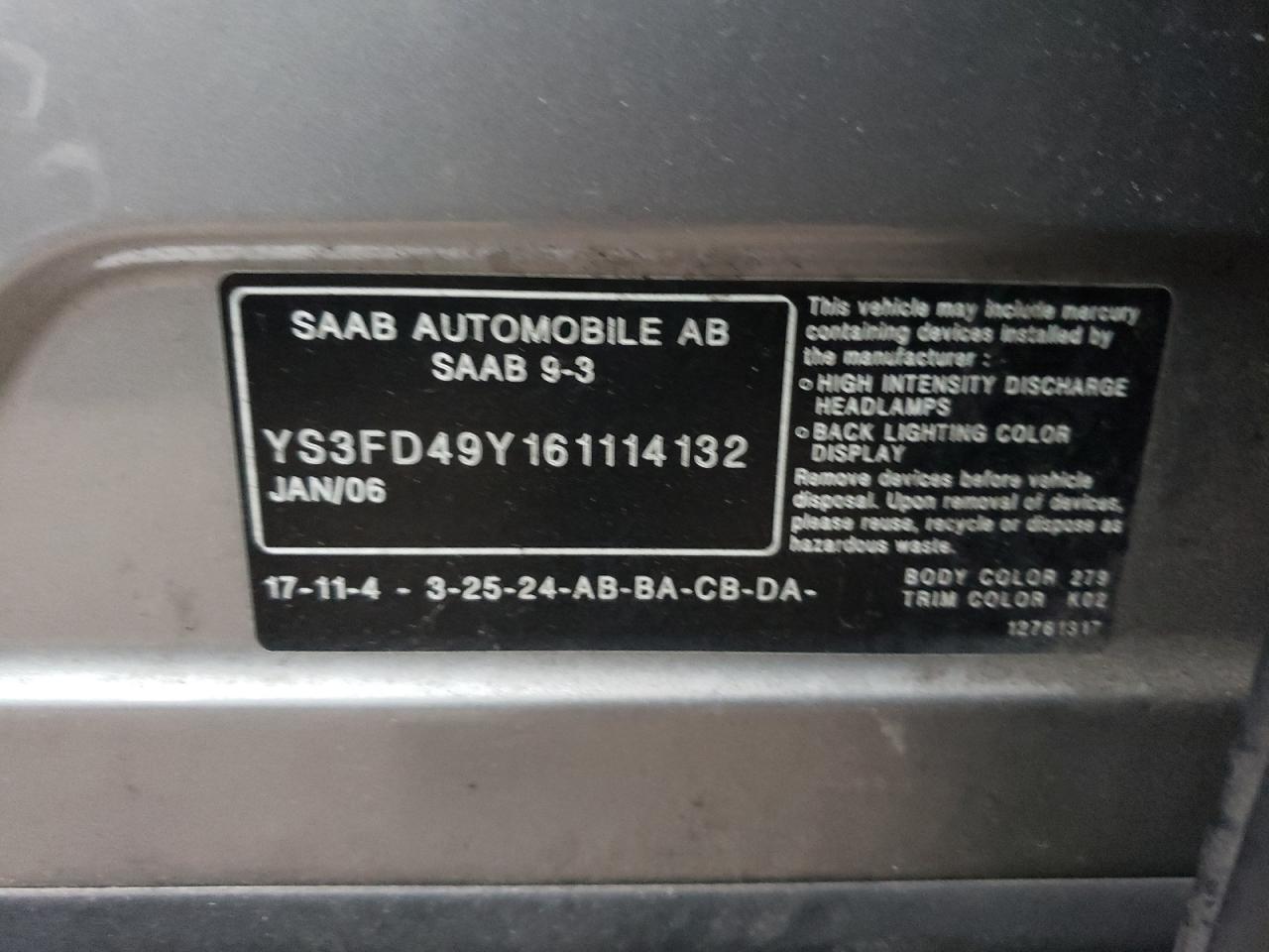 Photo 10 from auction – 2006 SAAB 9-3 with VIN YS3FD49Y161114132