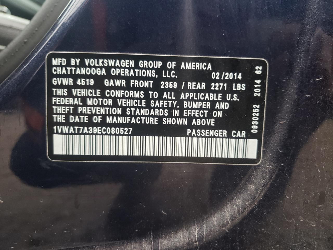 Photo 10 from auction – 2014 VOLKSWAGEN PASSAT S with VIN 1VWAT7A39EC080527