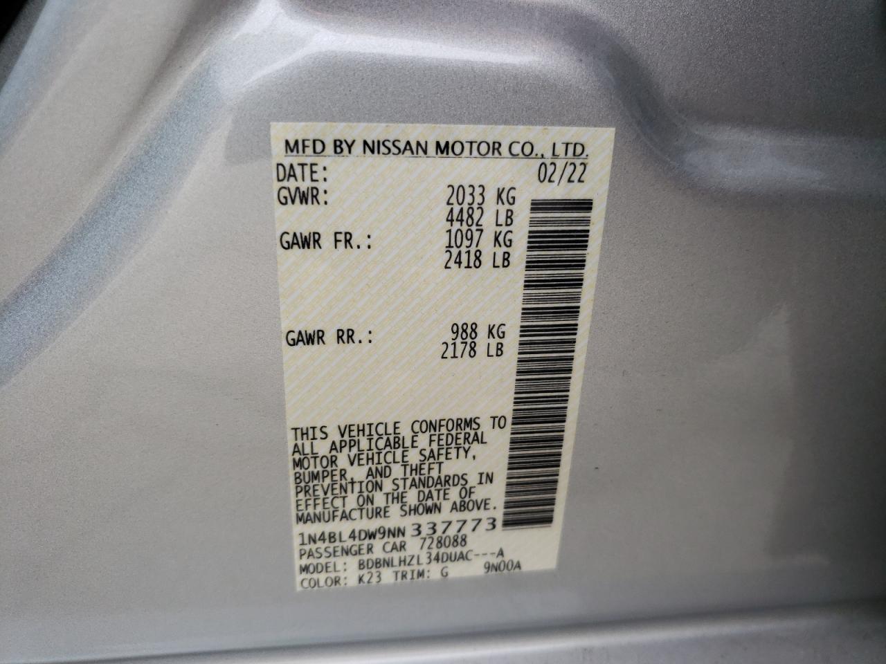 Photo 10 from auction – 2022 NISSAN ALTIMA with VIN 1N4BL4DW9NN337773