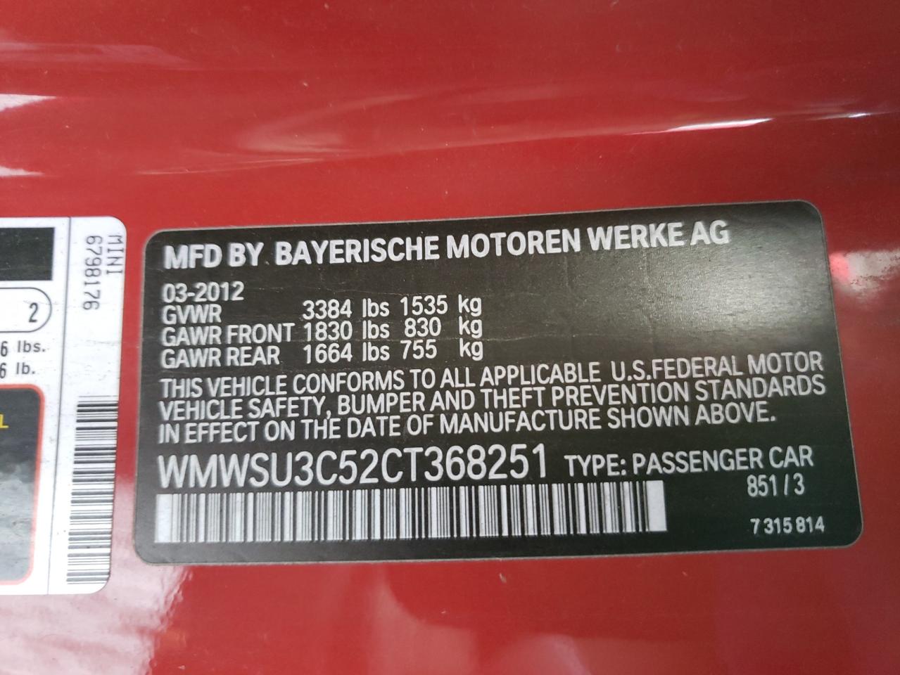 Photo 10 from auction – 2012 MINI COOPER with VIN WMWSU3C52CT368251