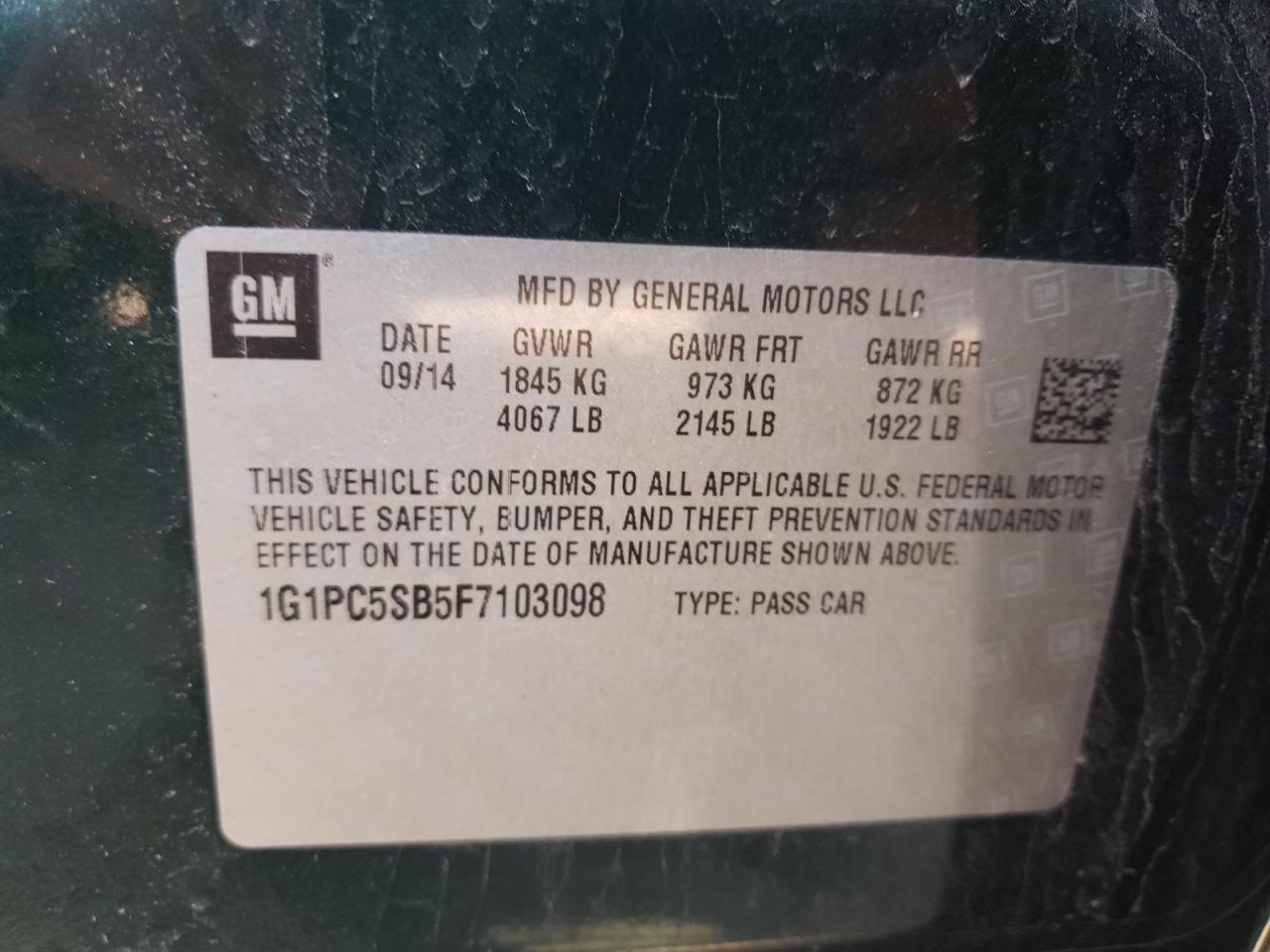 Photo 10 from auction – 2015 CHEVROLET CRUZE LT with VIN 1G1PC5SB5F7103098