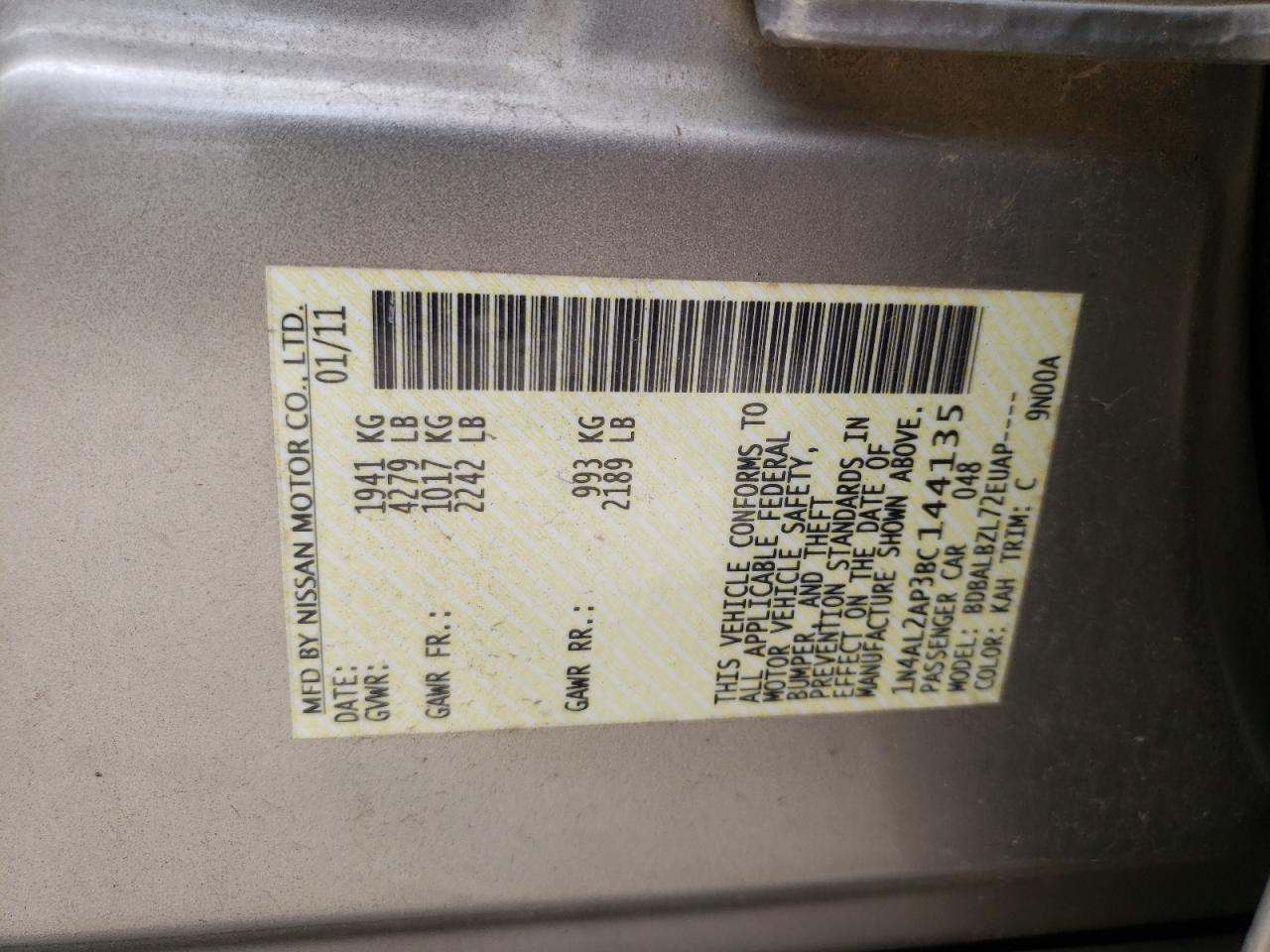 Фото 10 с аукциона – 2011 NISSAN ALTIMA BAS с VIN 1N4AL2AP3BC144135