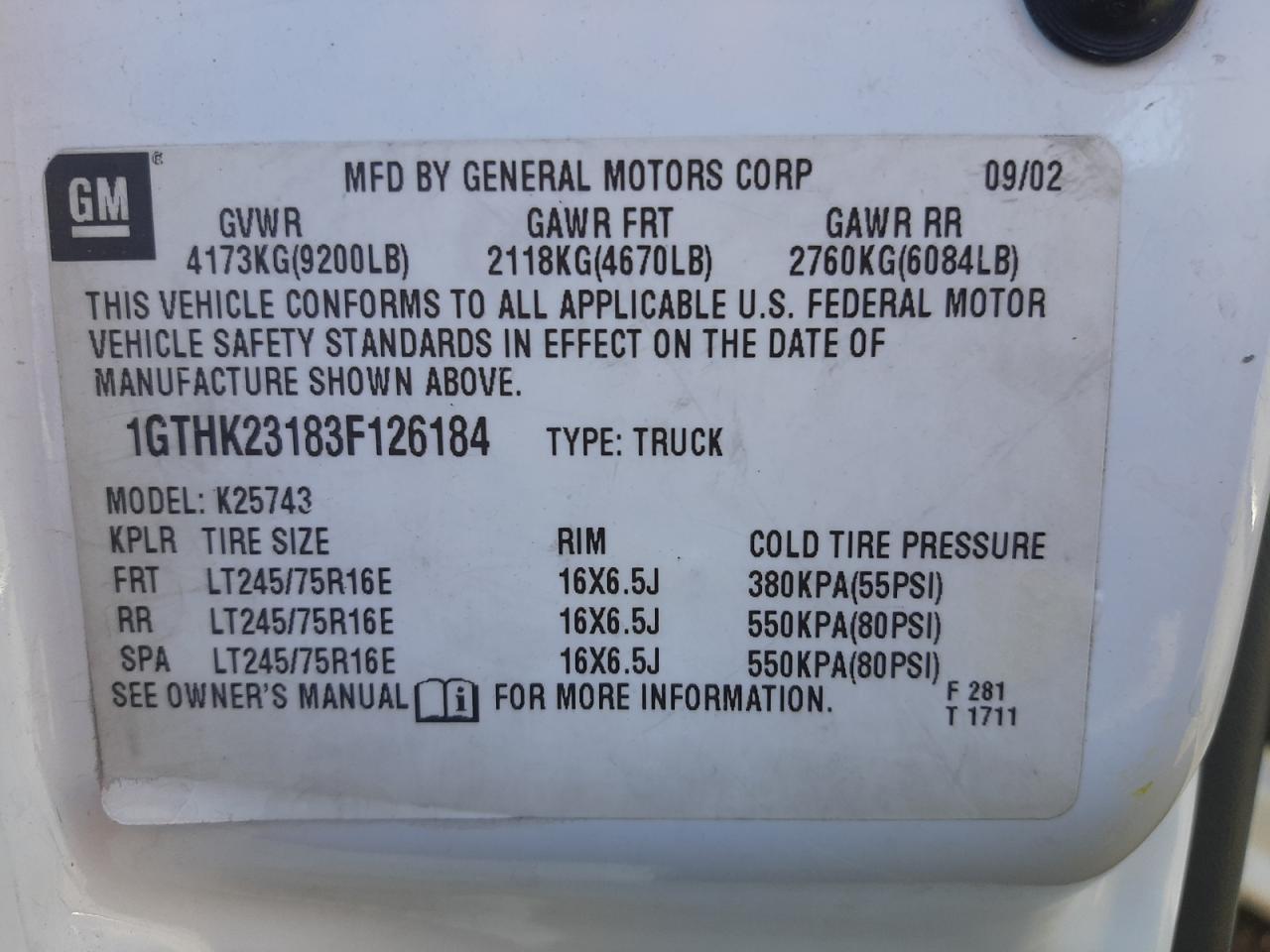Photo 10 from auction – 2003 GMC SIERRA K25 with VIN 1GTHK23183F126184