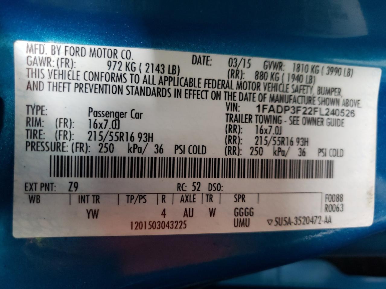 Photo 10 from auction – 2015 FORD FOCUS SE with VIN 1FADP3F22FL240526