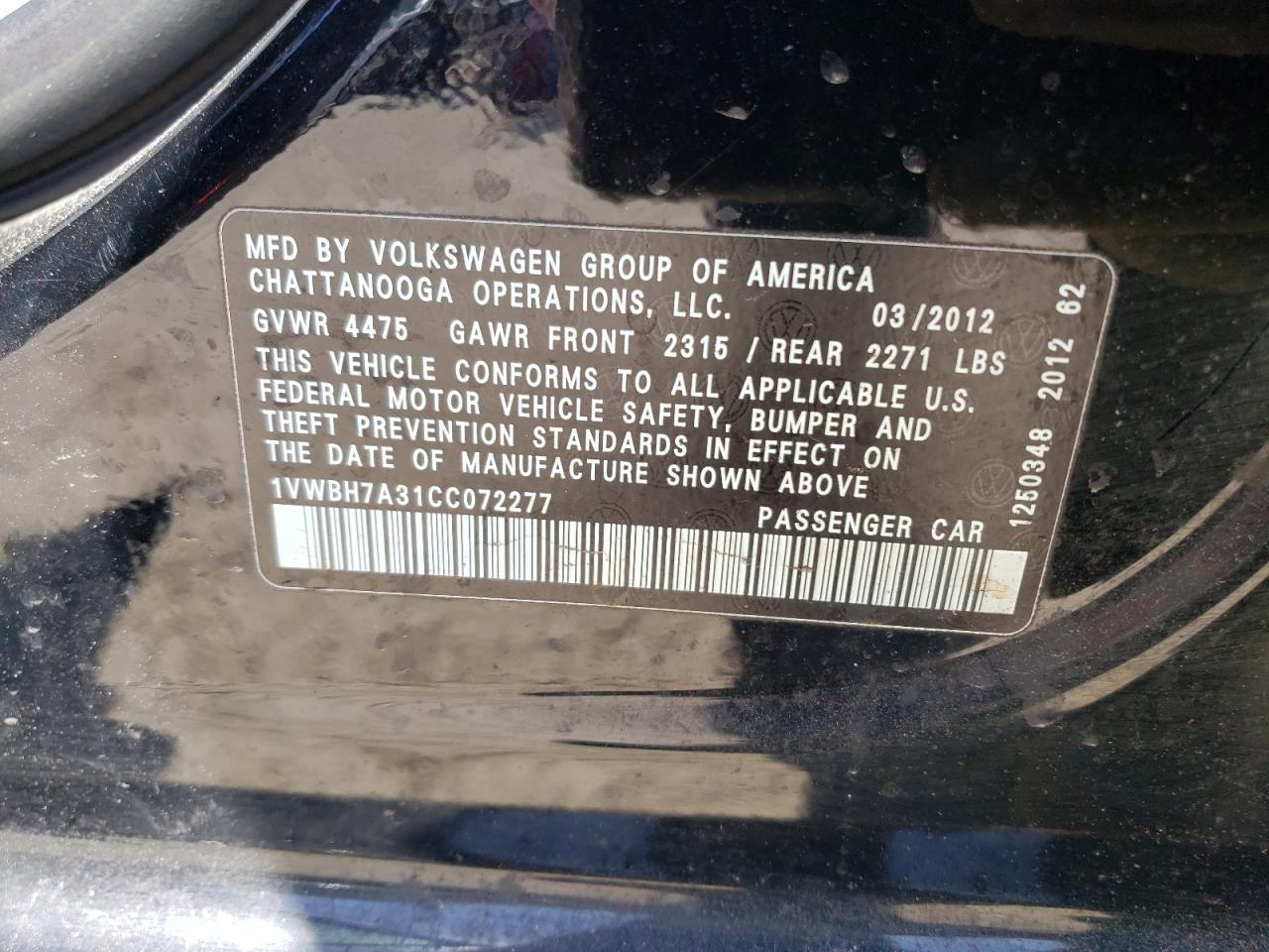 Photo 10 from auction – 2012 VOLKSWAGEN PASSAT SE with VIN 1VWBH7A31CC072277