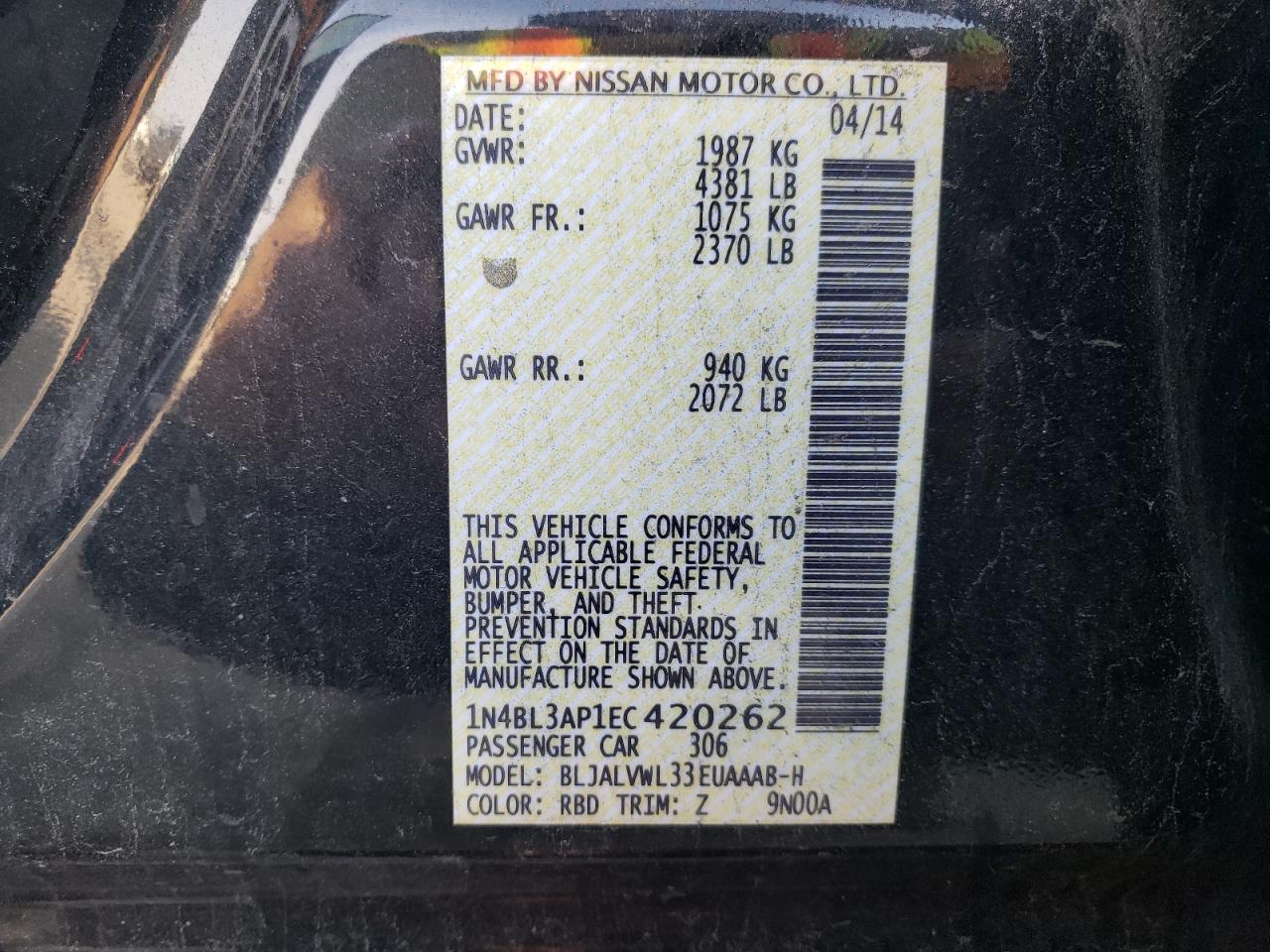 Photo 10 from auction – 2014 NISSAN ALTIMA 3.5 with VIN 1N4BL3AP1EC420262