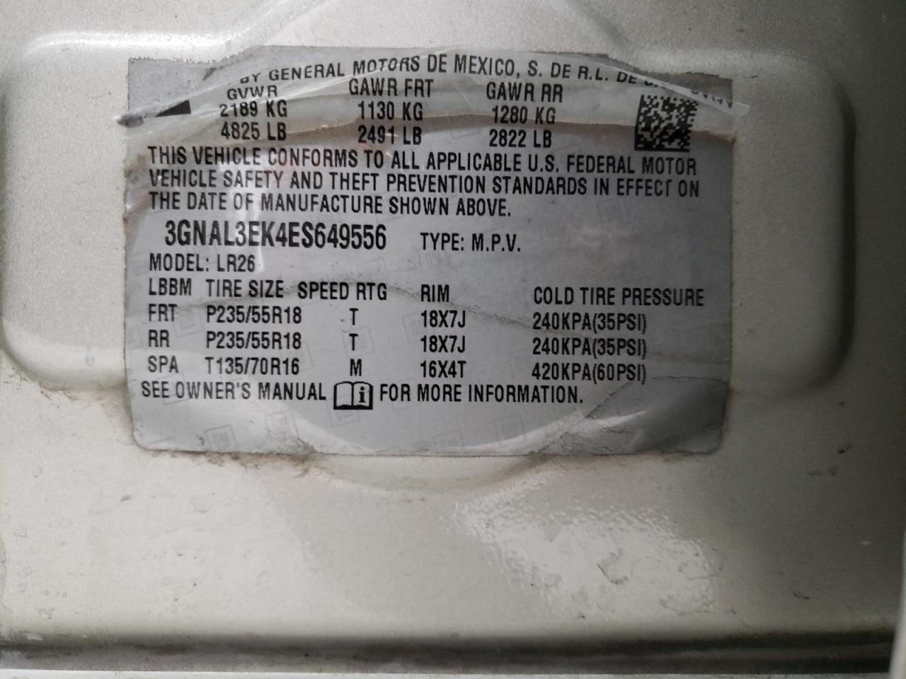 Photo 10 from auction – 2014 CHEVROLET CAPTIVA LT with VIN 3GNAL3EK4ES649556