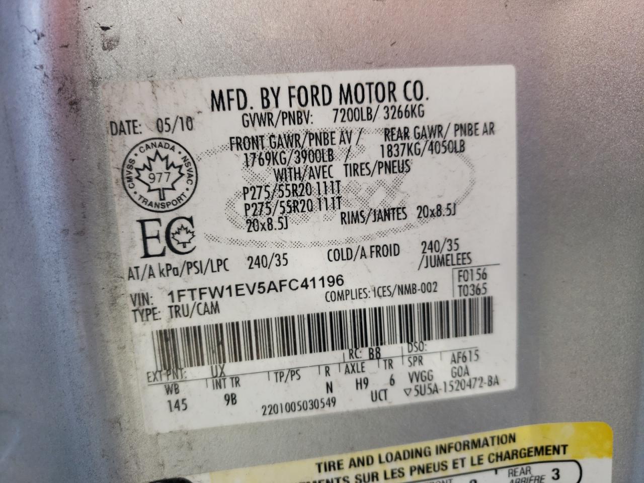 Photo 10 from auction – 2010 FORD F150 SUPER with VIN 1FTFW1EV5AFC41196