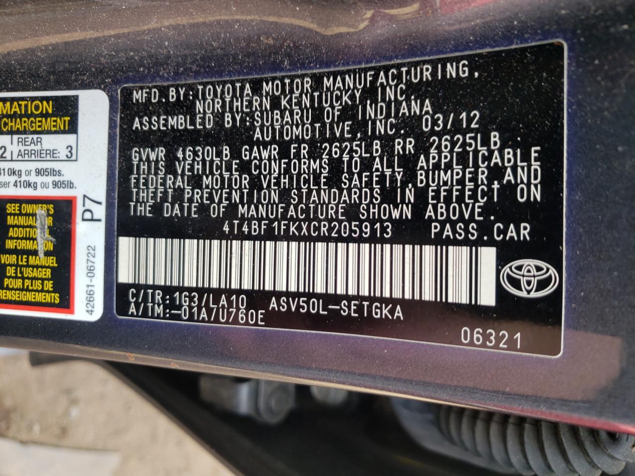Photo 10 from auction – 2012 TOYOTA CAMRY BASE with VIN 4T4BF1FKXCR205913