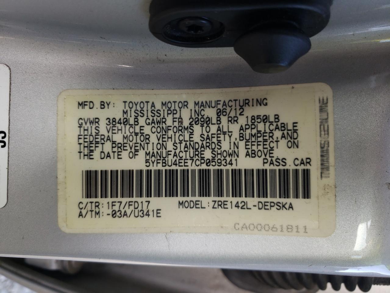 Photo 10 from auction – 2012 TOYOTA COROLLA BA with VIN 5YFBU4EE7CP059341