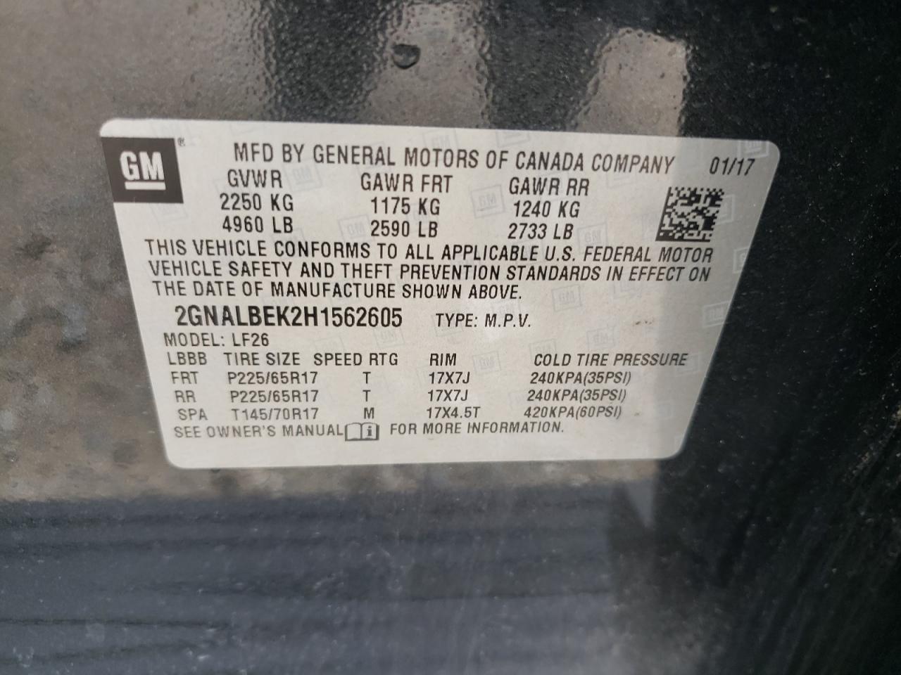 Photo 10 from auction – 2017 CHEVROLET EQUINOX LS with VIN 2GNALBEK2H1562605