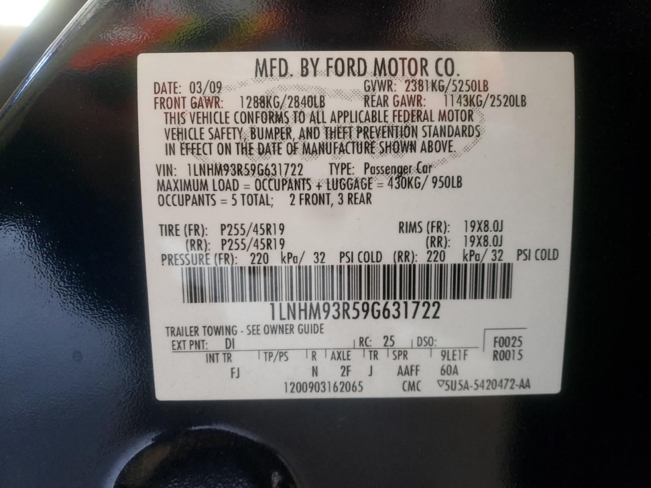 Photo 10 from auction – 2009 LINCOLN MKS with VIN 1LNHM93R59G631722