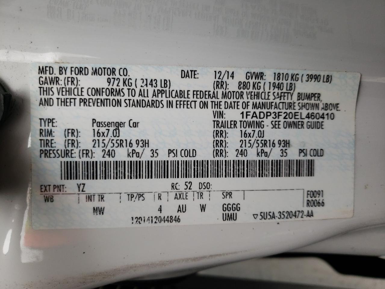 Photo 10 from auction – 2014 FORD FOCUS SE with VIN 1FADP3F20EL460410