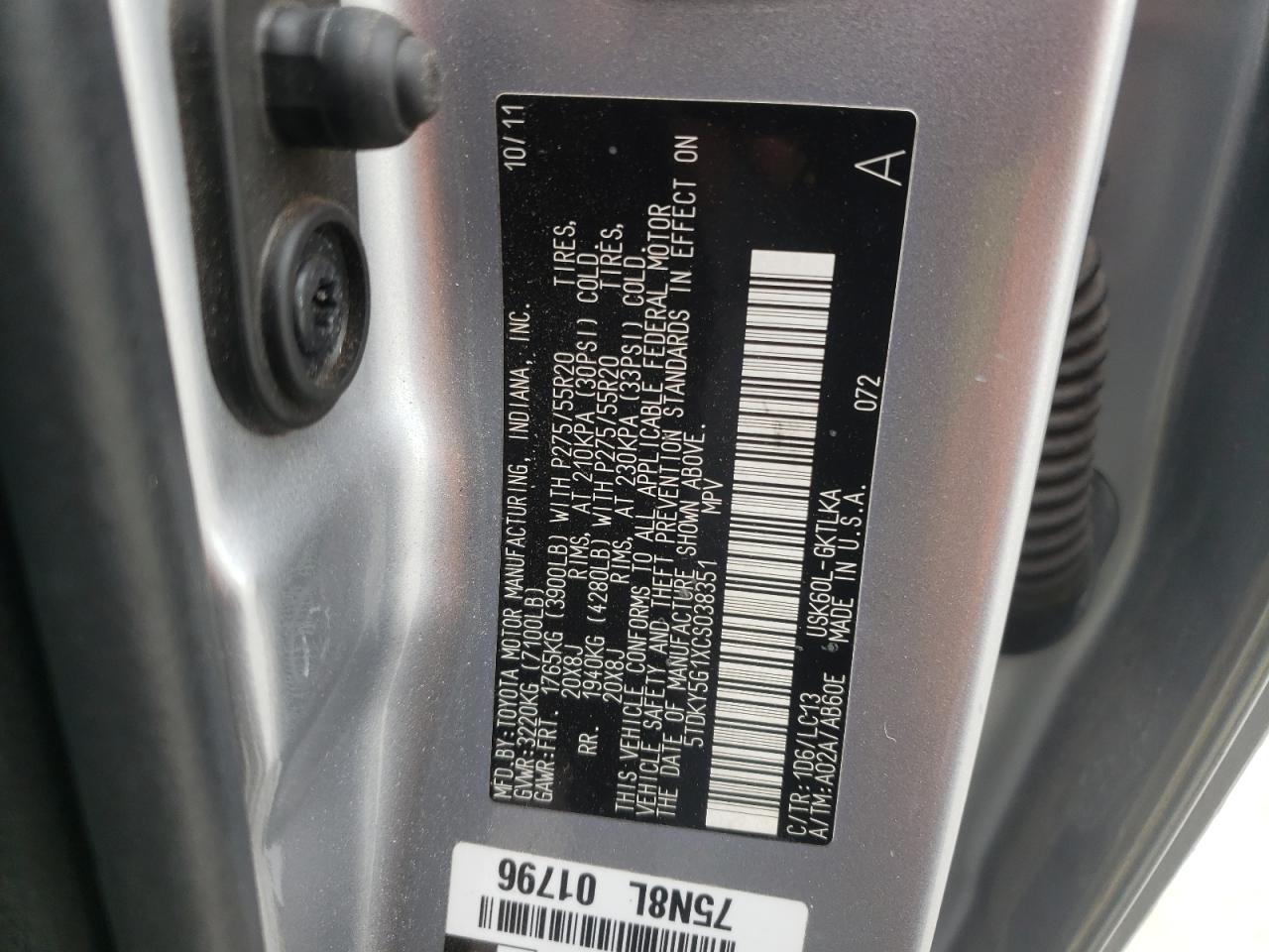 Photo 10 from auction – 2012 TOYOTA SEQUOIA LI with VIN 5TDKY5G1XCS038351