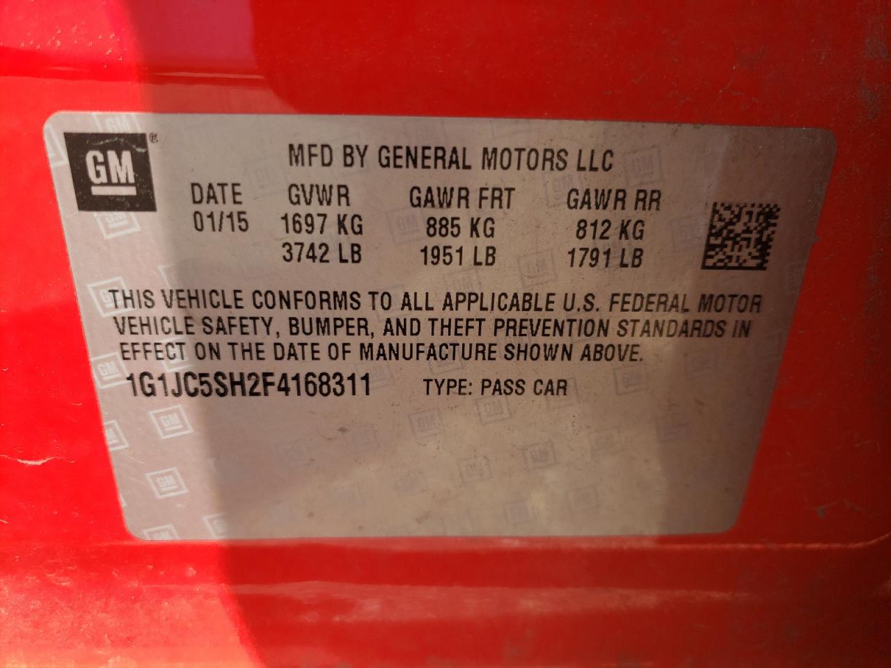 Photo 10 from auction – 2015 CHEVROLET SONIC LT with VIN 1G1JC5SH2F4168311