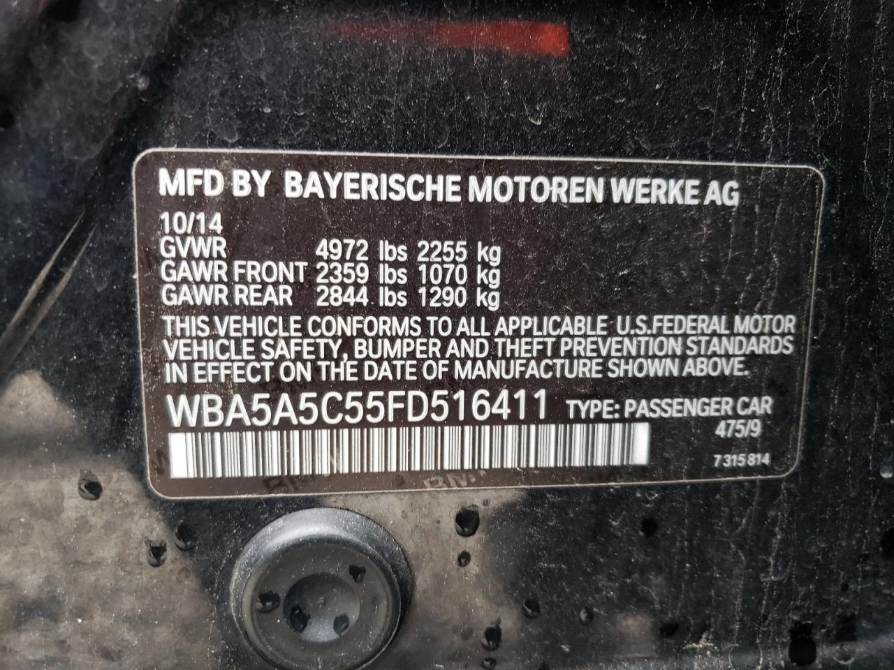 Photo 10 from auction – 2015 BMW 528 I with VIN WBA5A5C55FD516411
