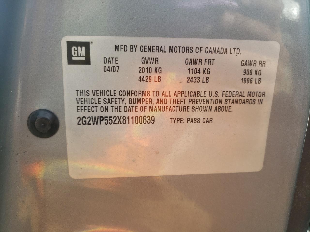 Photo 10 from auction – 2008 PONTIAC GRAND PRIX with VIN 2G2WP552X81100639