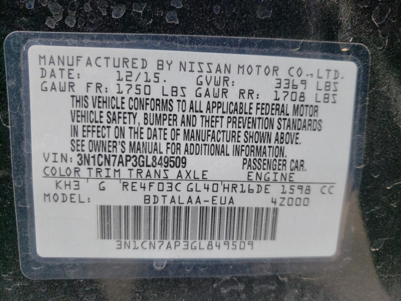 Photo 10 from auction – 2016 NISSAN VERSA S with VIN 3N1CN7AP3GL849509