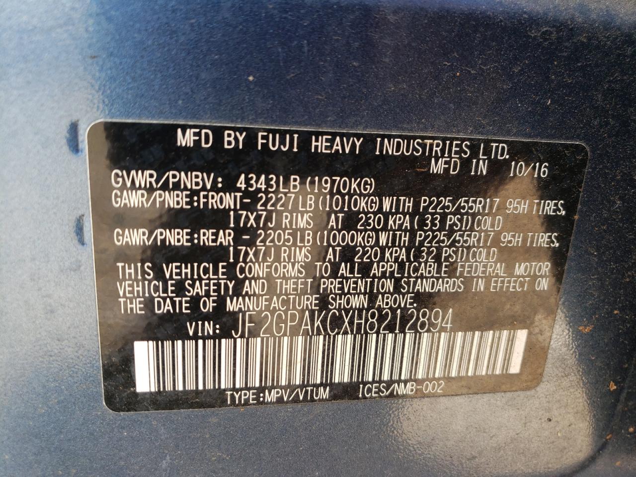 Photo 10 from auction – 2017 SUBARU CROSSTREK with VIN JF2GPAKCXH8212894