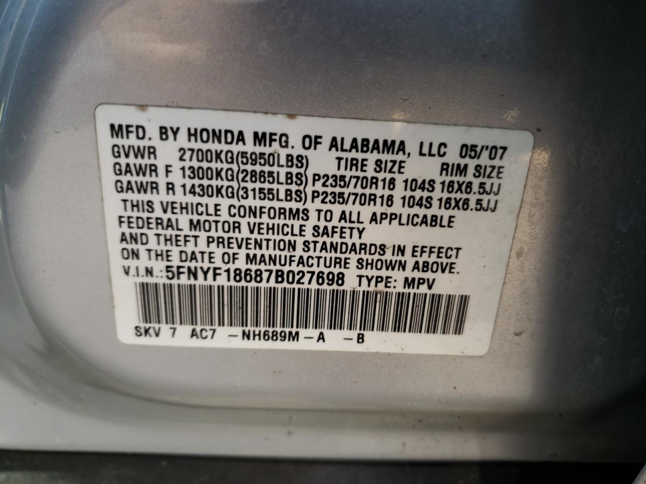 Photo 10 from auction – 2007 HONDA PILOT EXL with VIN 5FNYF18687B027698