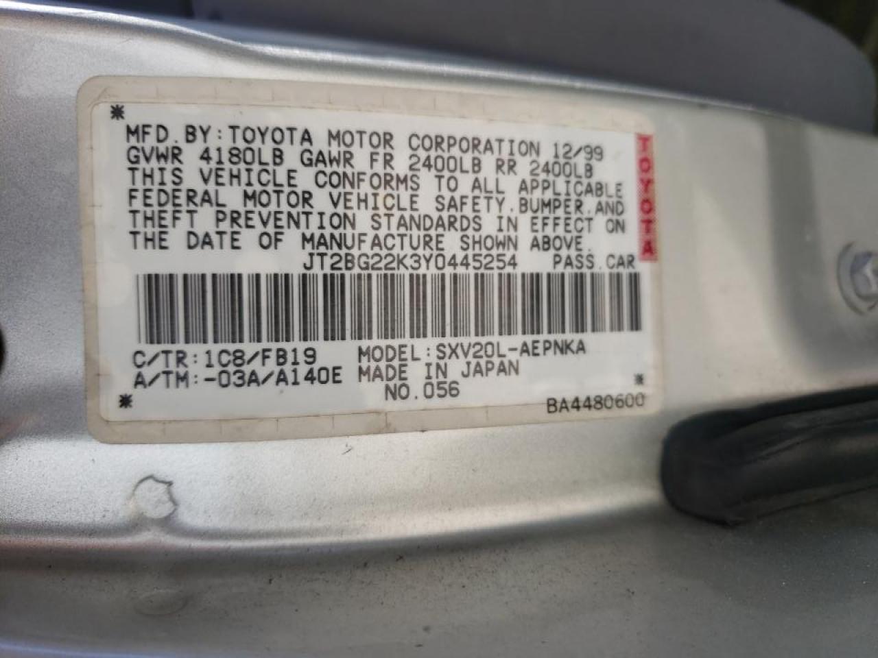 Photo 10 from auction – 2000 TOYOTA CAMRY CE with VIN JT2BG22K3Y0445254