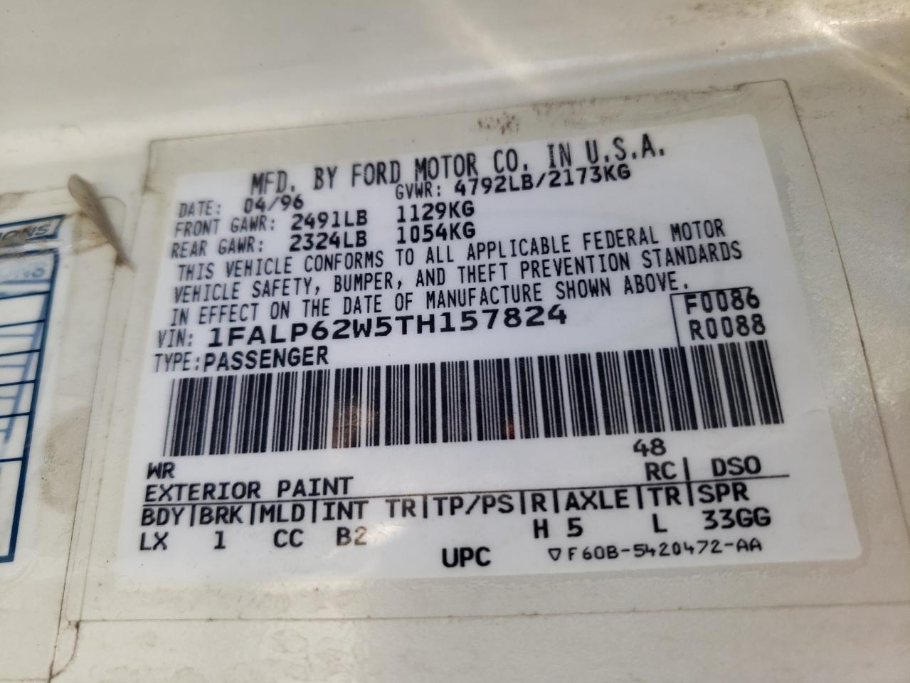 Photo 10 from auction – 1996 FORD THUNDERBIR with VIN 1FALP62W5TH157824