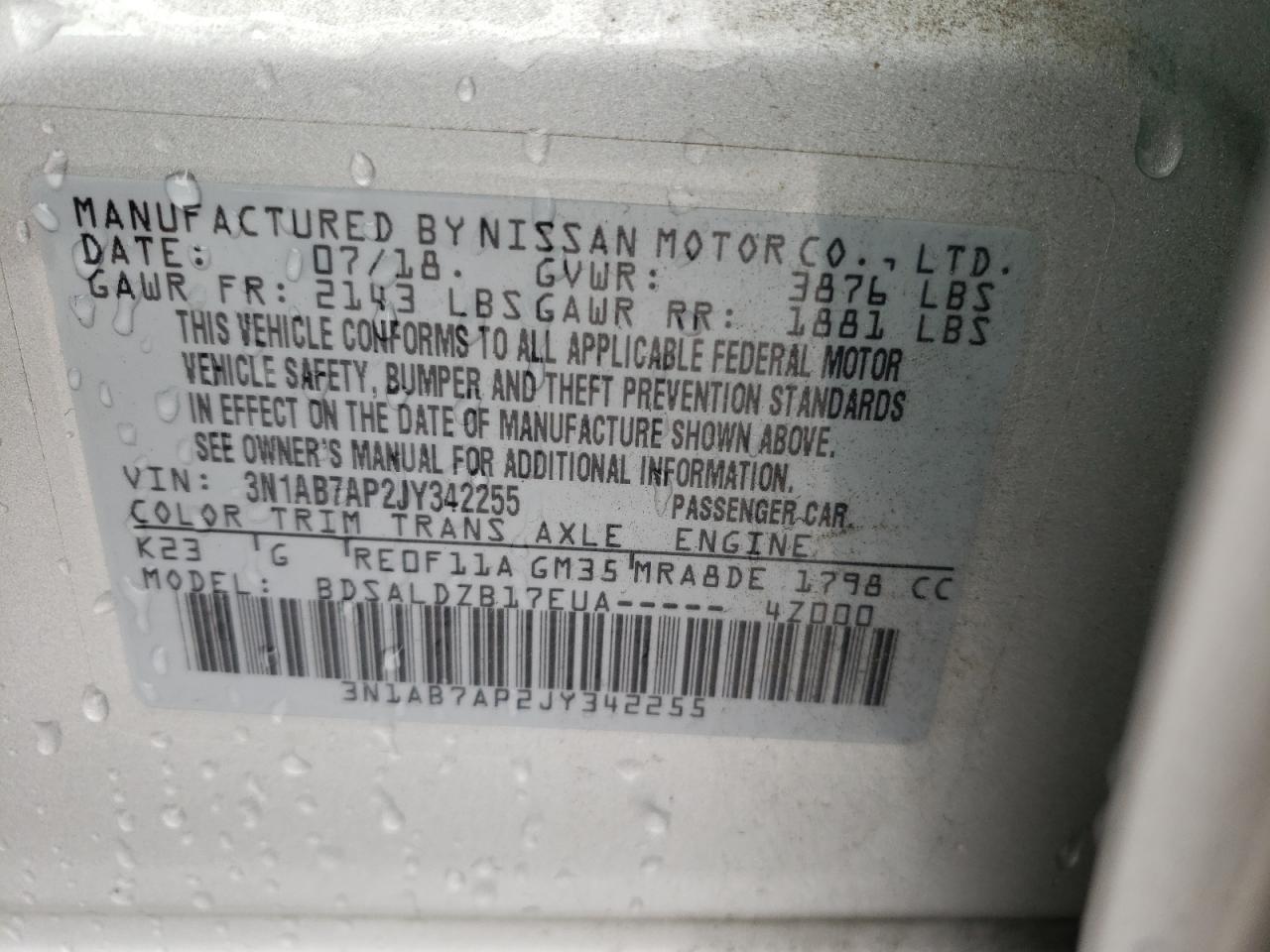 Photo 10 from auction – 2018 NISSAN SENTRA S with VIN 3N1AB7AP2JY342255