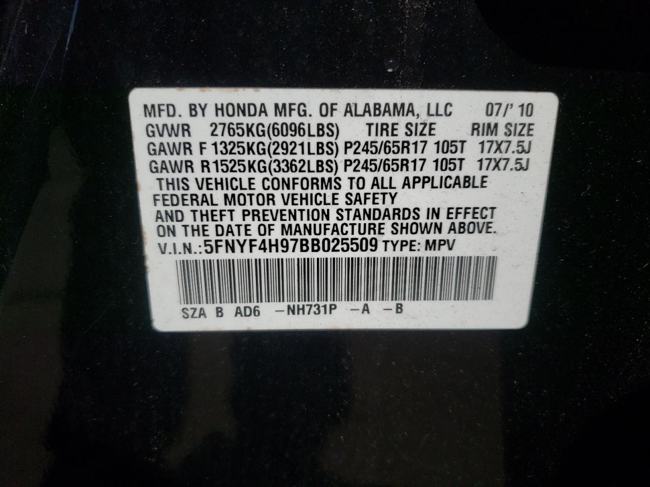 Photo 10 from auction – 2011 HONDA PILOT TOUR with VIN 5FNYF4H97BB025509