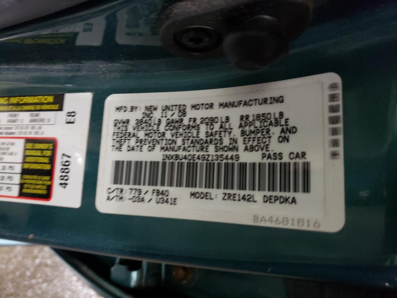 Photo 10 from auction – 2009 TOYOTA COROLLA BA with VIN 1NXBU40E49Z135449