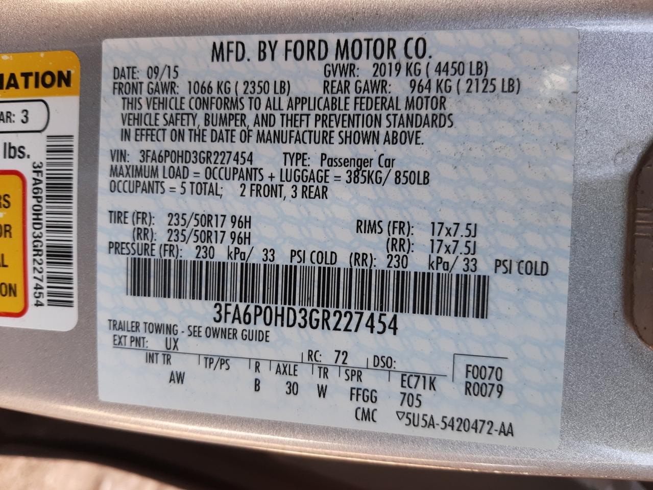 Photo 10 from auction – 2016 FORD FUSION SE with VIN 3FA6P0HD3GR227454