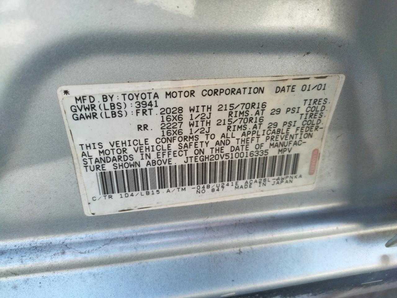 Photo 10 from auction – 2001 TOYOTA RAV4 with VIN JTEGH20V510016335
