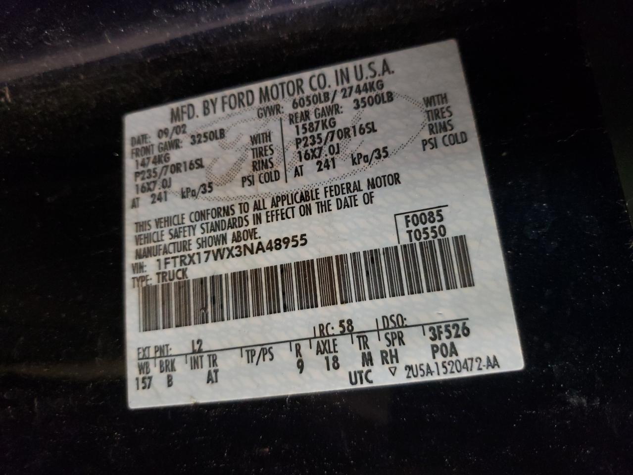 Photo 10 from auction – 2003 FORD F150 with VIN 1FTRX17WX3NA48955